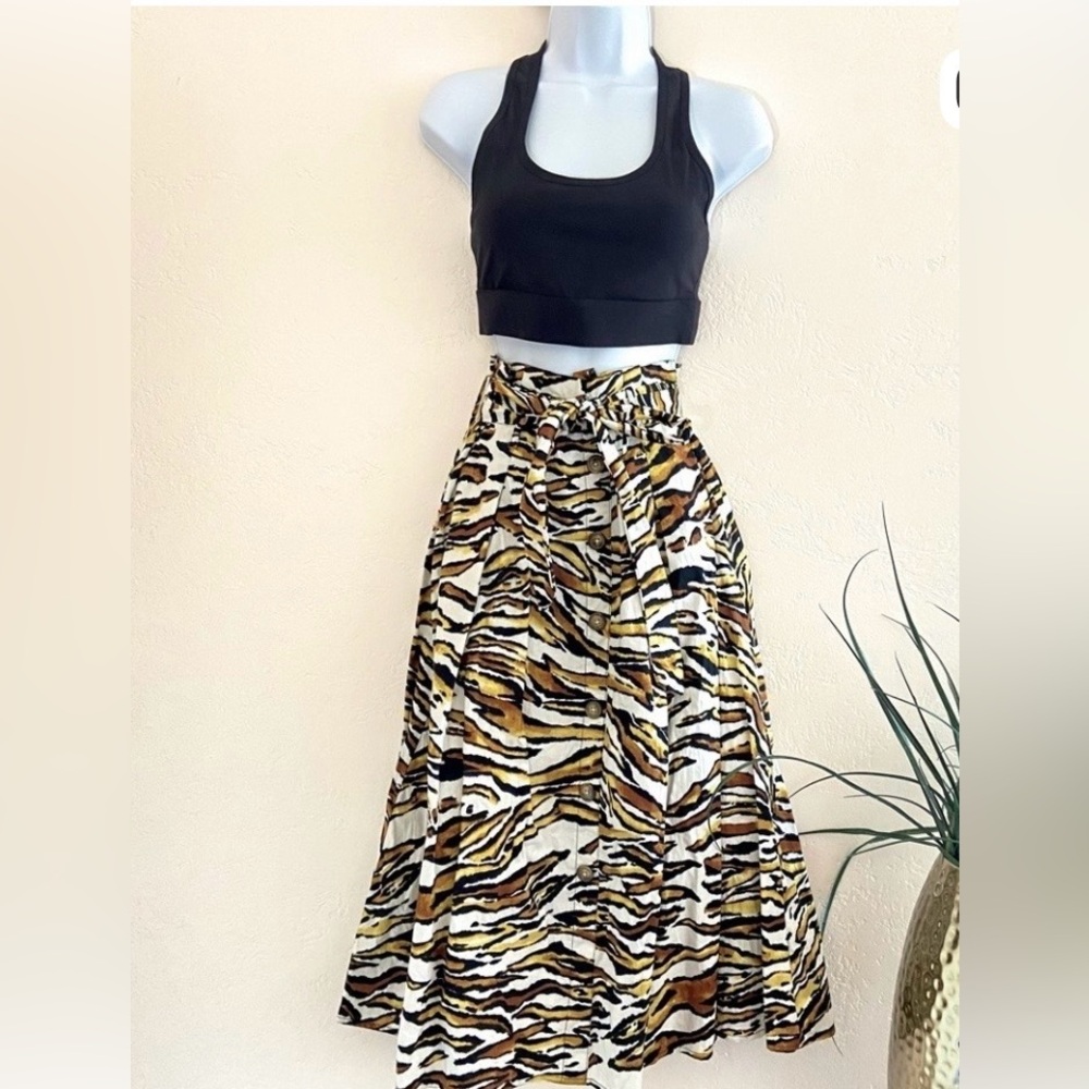 100% Cotton Tiger Stripped MIDI Full Skirt Tie Waist Size S Truly 4 You